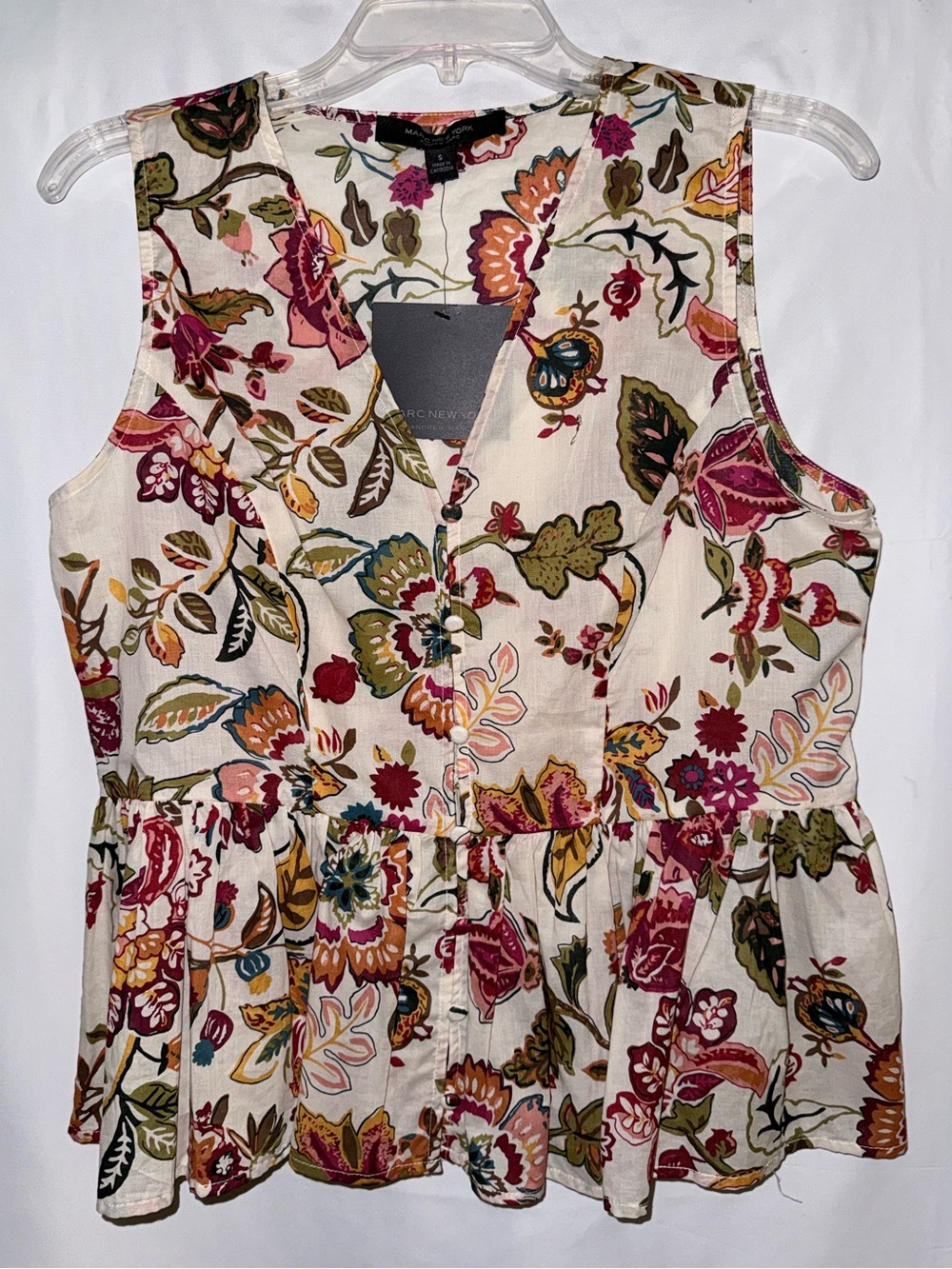 NWT Marc New York Cream Floral Button-Front Peplum Blouse Size Small